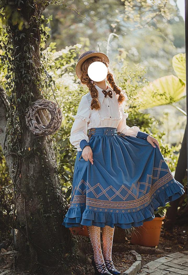Classic Lolita Blue Vintage Style Skirt Elegant Navy Embroider Dress