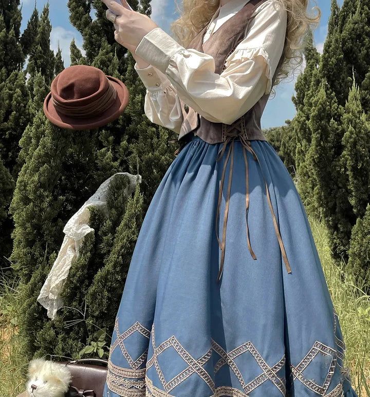 Classic Lolita Blue Vintage Style Skirt Elegant Navy Embroider Dress