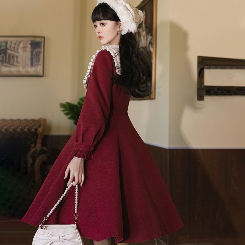Classic Lolita Red Long Sleeve Dress Long Solid Color Simple