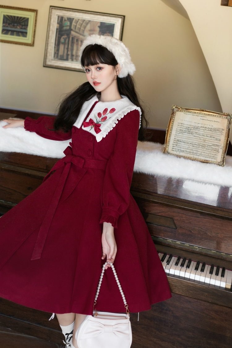 Classic Lolita Red Long Sleeve Dress Long Solid Color Simple