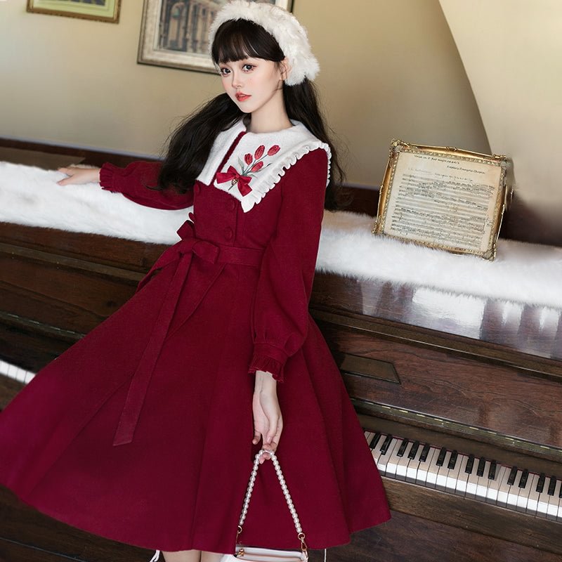 Classic Lolita Red Long Sleeve Dress Long Solid Color Simple