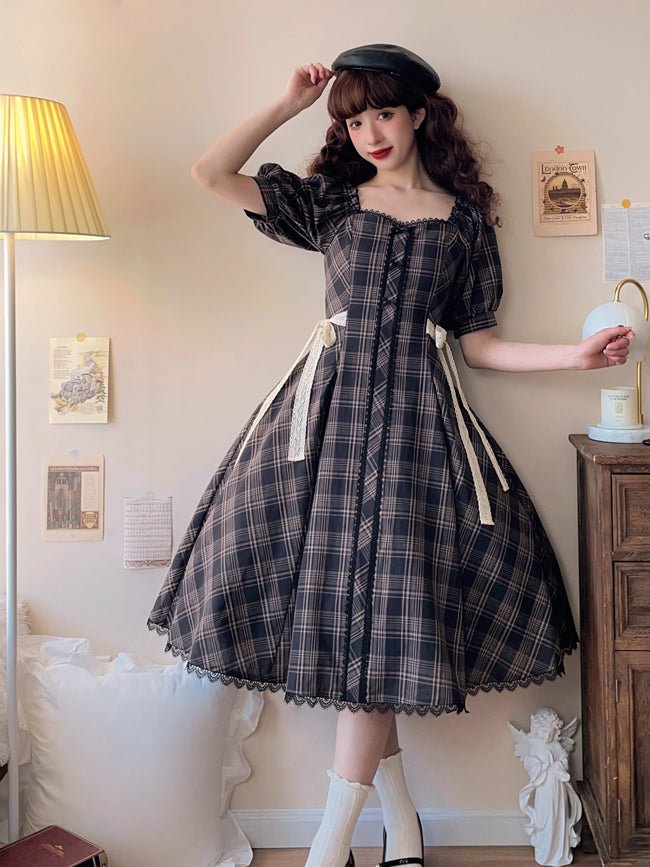 Classic Plaid Light Lolita Dress Square Neck Bowknot OP