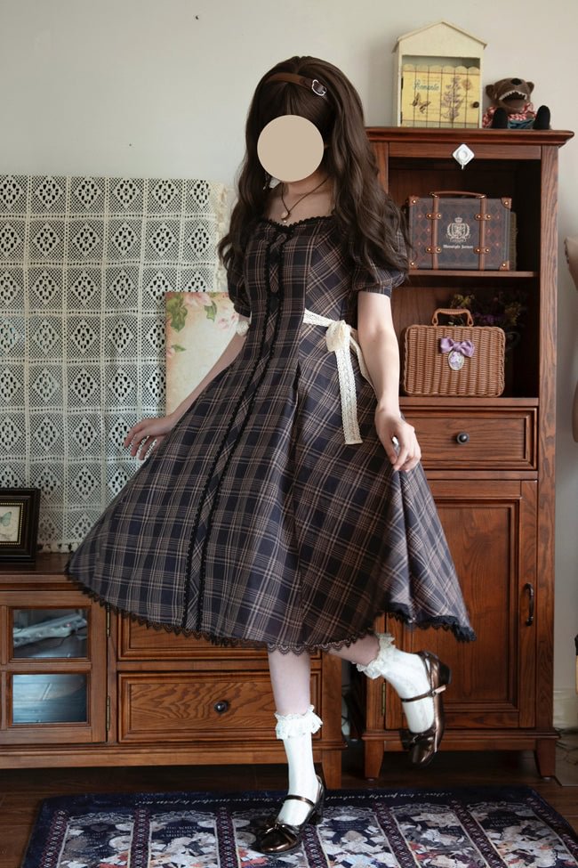 Classic Plaid Light Lolita Dress Square Neck Bowknot OP