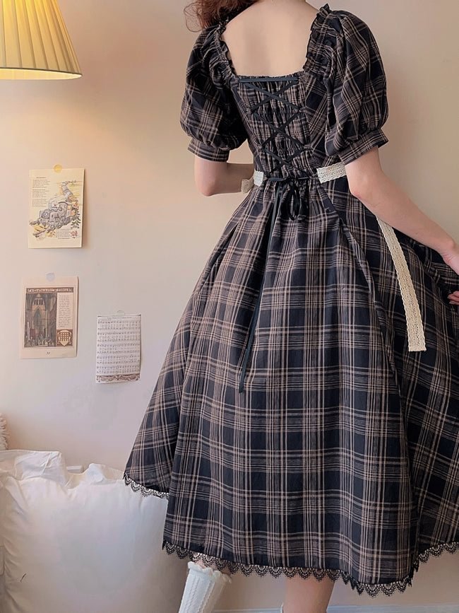 Classic Plaid Light Lolita Dress Square Neck Bowknot OP
