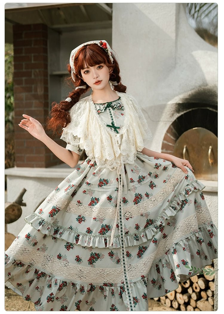 Classic Rustic Print Short Sleeve Lace Long Dress Lolita