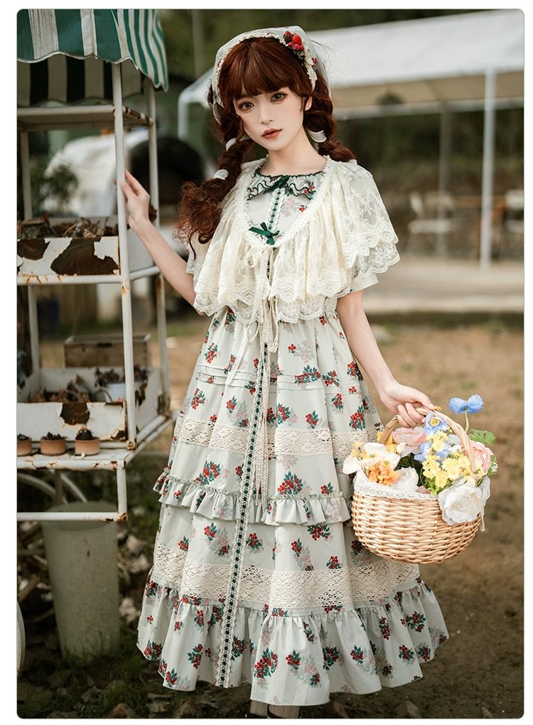 Classic Rustic Print Short Sleeve Lace Long Dress Lolita