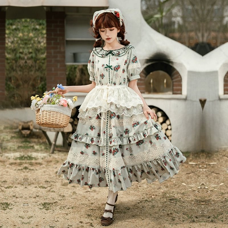 Classic Rustic Print Short Sleeve Lace Long Dress Lolita
