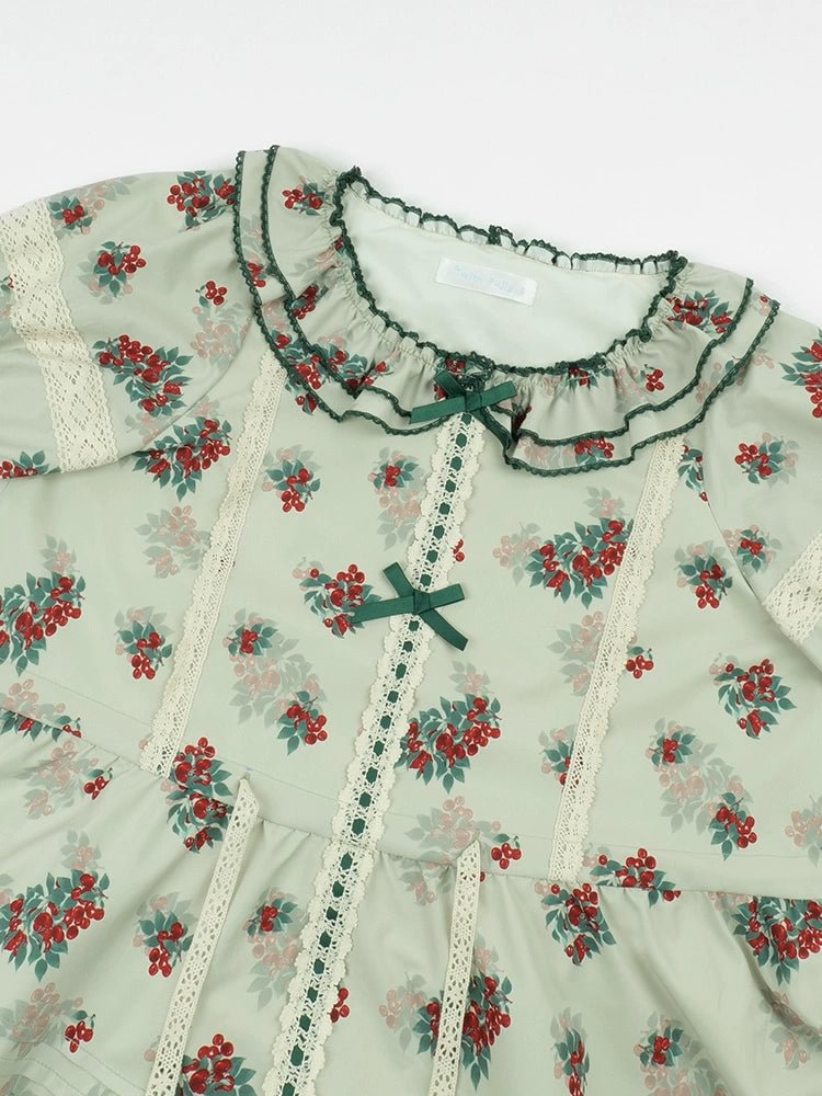 Classic Rustic Print Short Sleeve Lace Long Dress Lolita