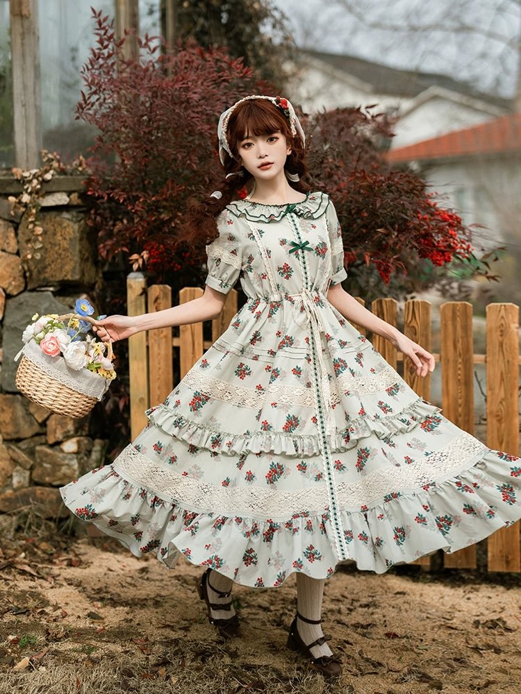 Classic Rustic Print Short Sleeve Lace Long Dress Lolita