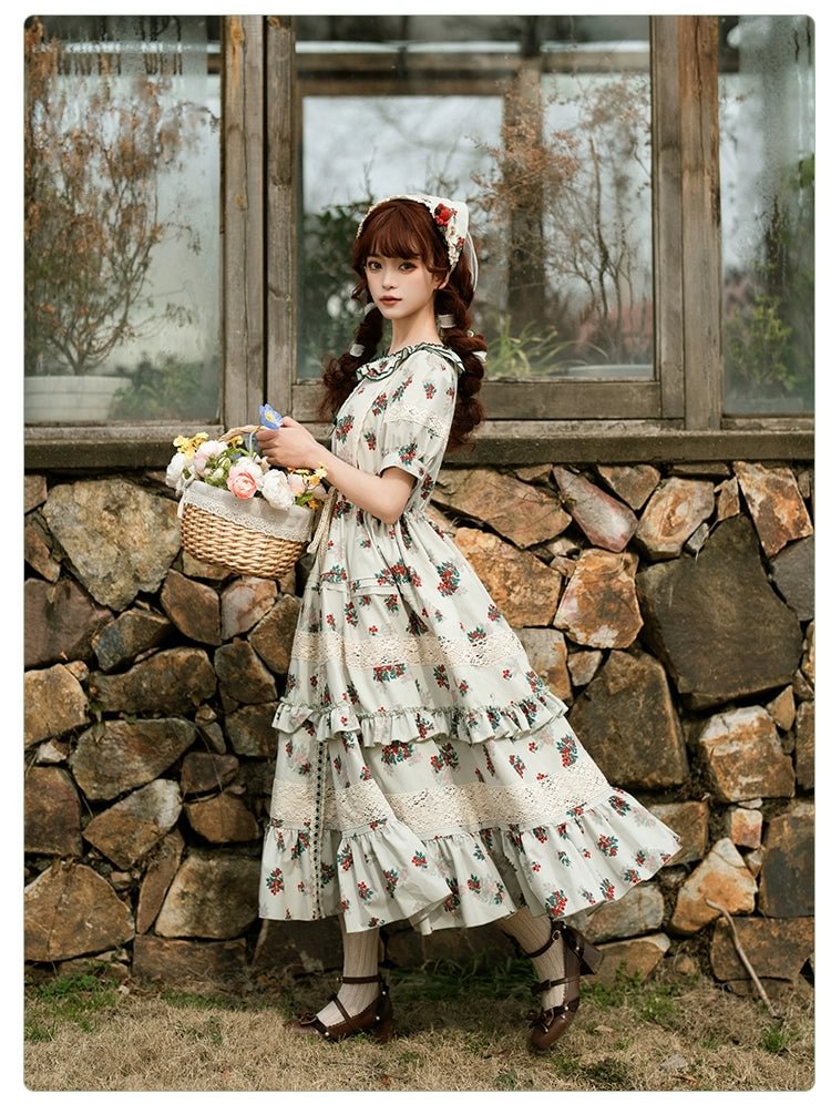 Classic Rustic Print Short Sleeve Lace Long Dress Lolita