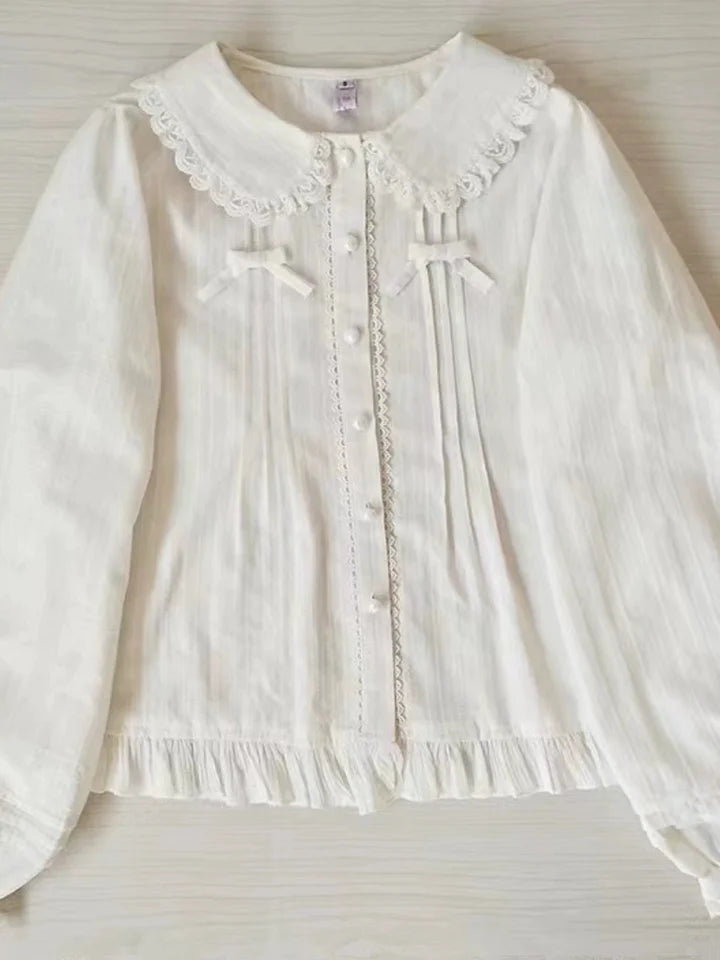 Lolita Blouses Sweet Autumn and Winter White Long-sleeved Inner Velvet Warm Cotton