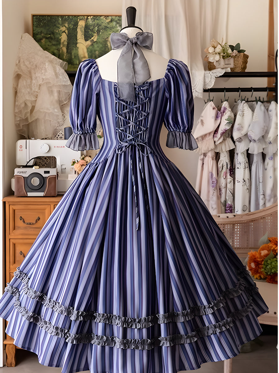 Classic Vintage Lolita Dress OP Short Sleeve Floral Print Purple Dress