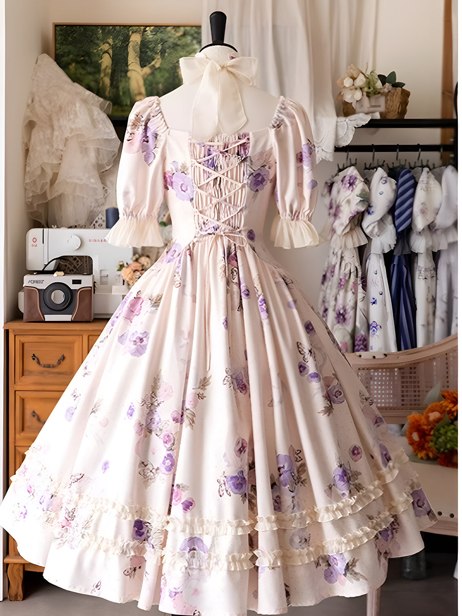 Classic Vintage Lolita Dress OP Short Sleeve Floral Print Purple Dress