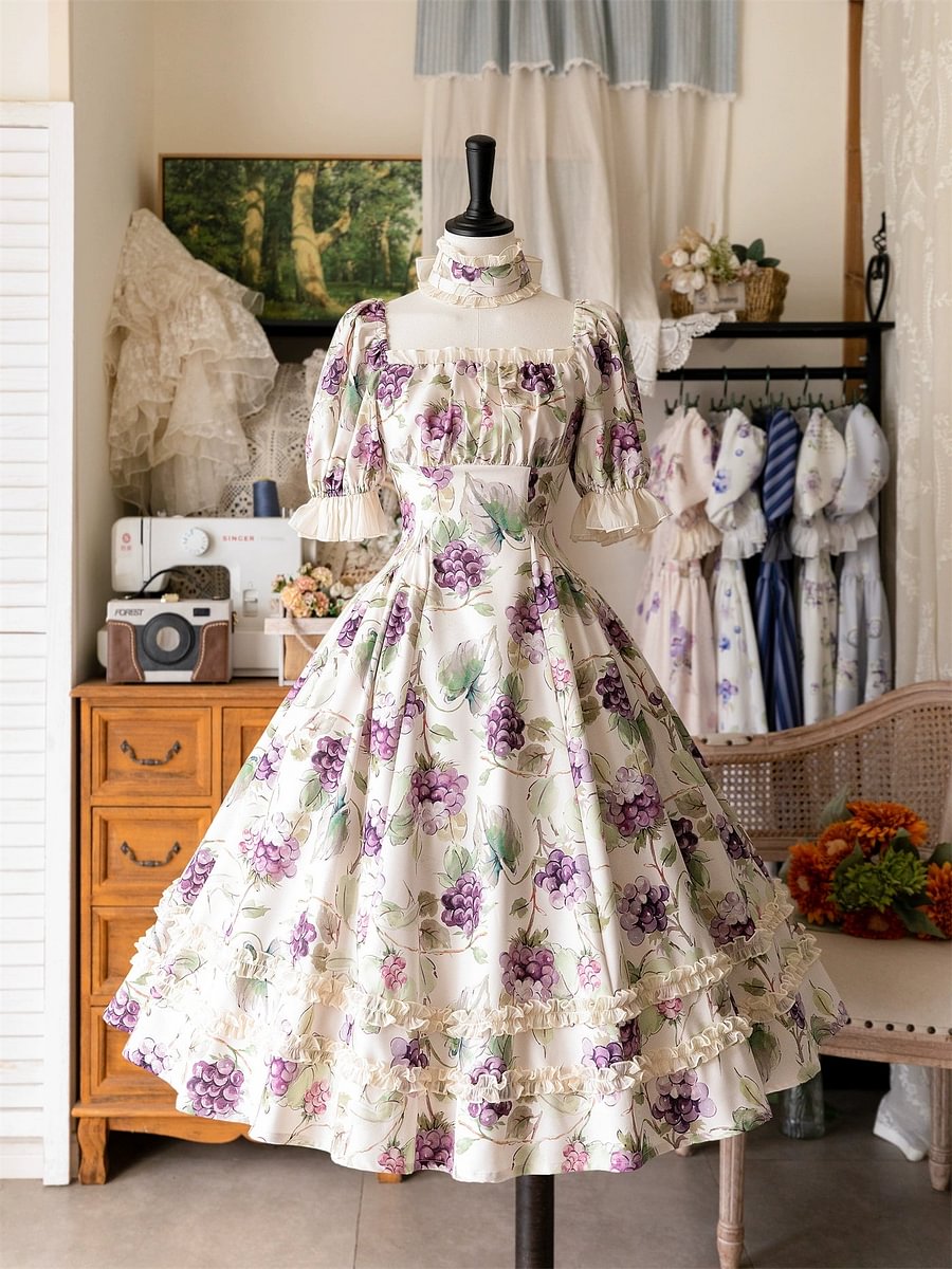 Classic Vintage Lolita Dress OP Short Sleeve Floral Print Purple Dress