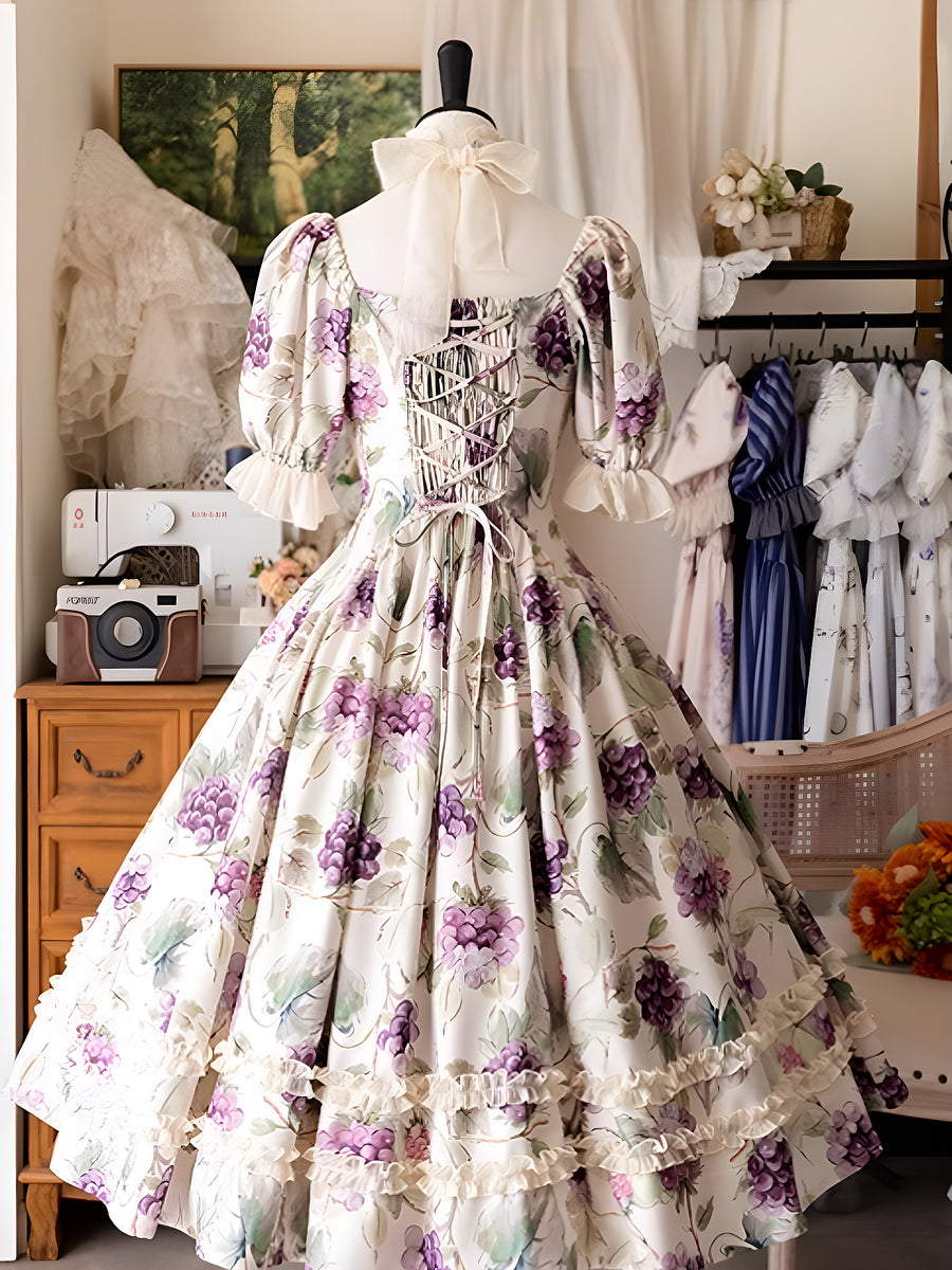 Classic Vintage Lolita Dress OP Short Sleeve Floral Print Purple Dress