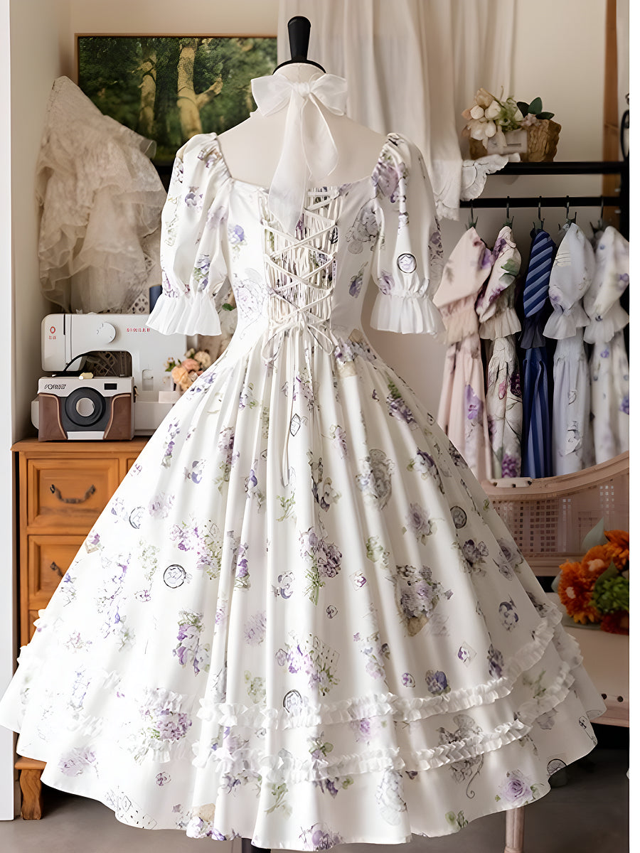 Classic Vintage Lolita Dress OP Short Sleeve Floral Print Purple Dress