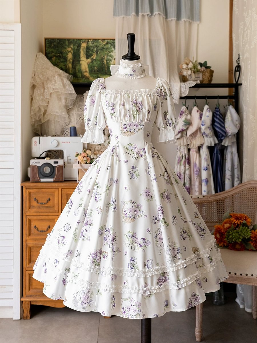Classic Vintage Lolita Dress OP Short Sleeve Floral Print Purple Dress