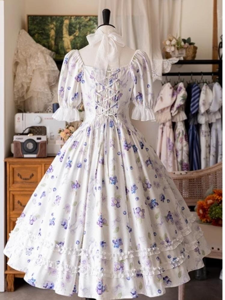 Classic Vintage Lolita Dress OP Short Sleeve Floral Print Purple Dress