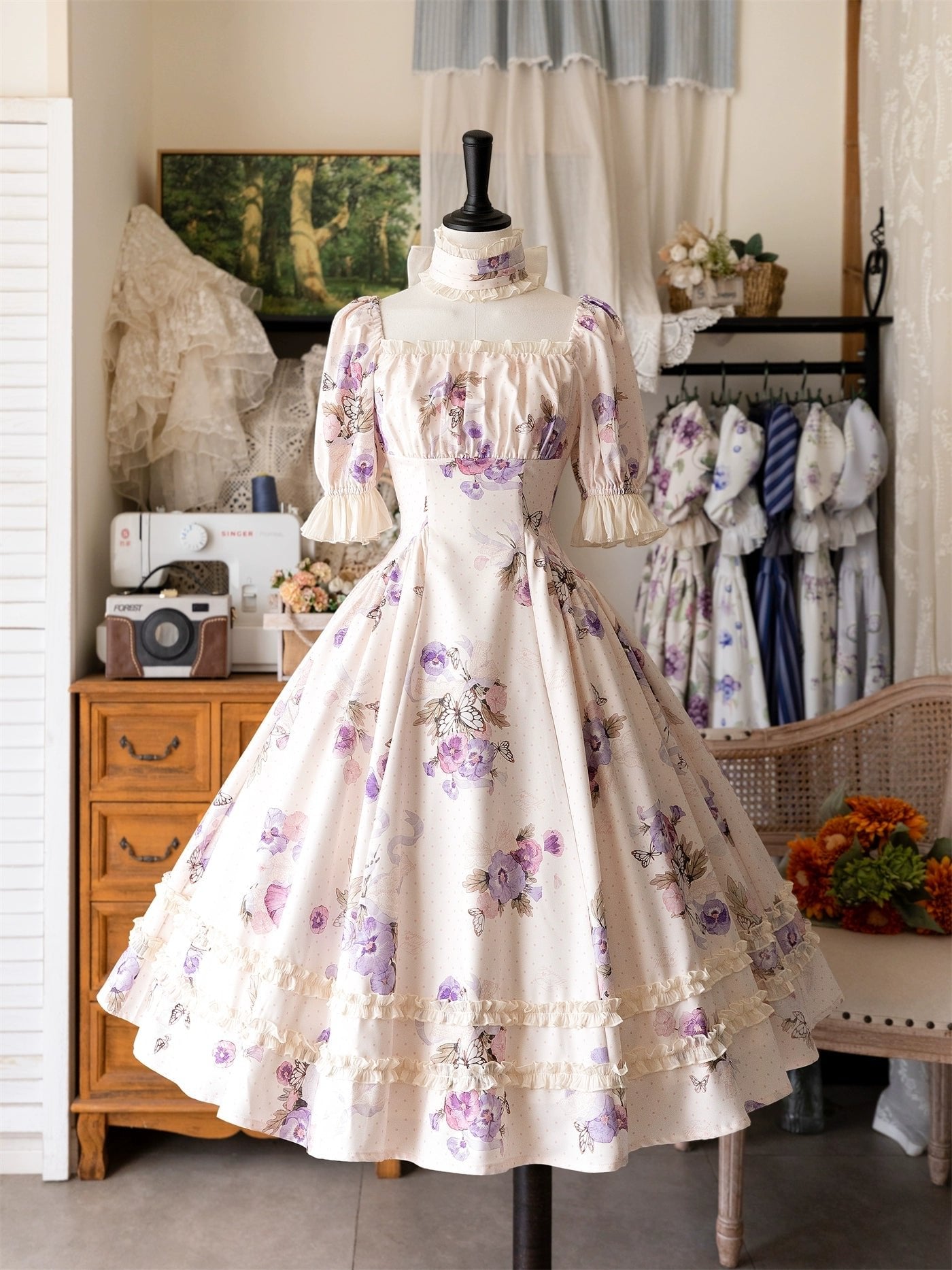 Classic Vintage Lolita Dress OP Short Sleeve Floral Print Purple Dress