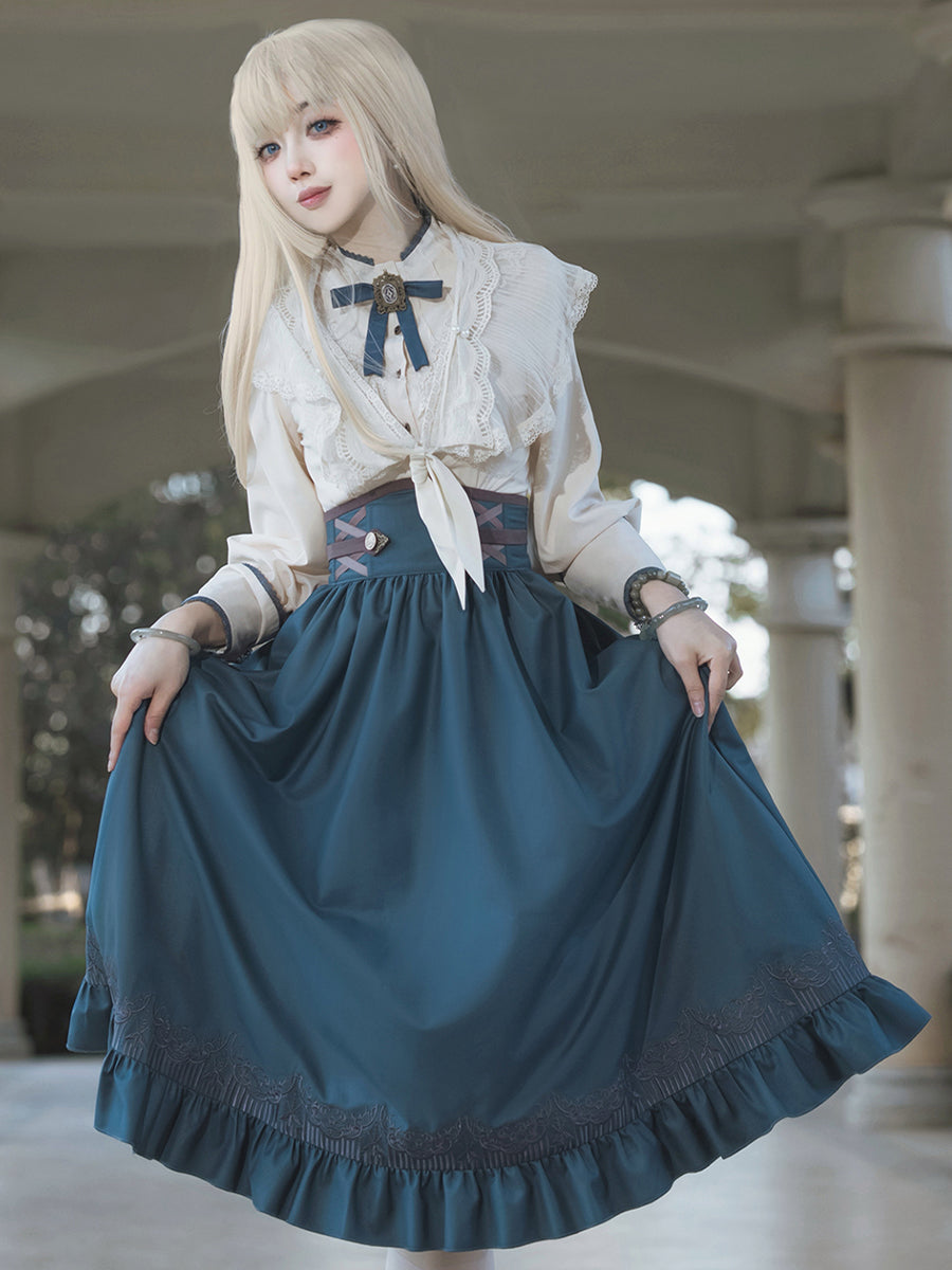 Classic Lolita Set Blue Skirt Cream Outfits Skirt OP Dress