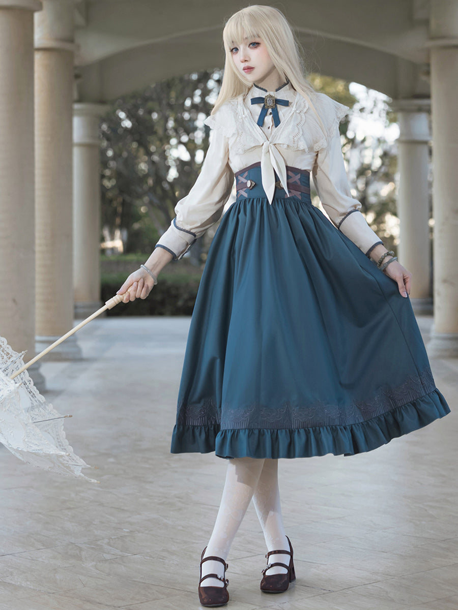 Classic Lolita Set Blue Skirt Cream Outfits Skirt OP Dress