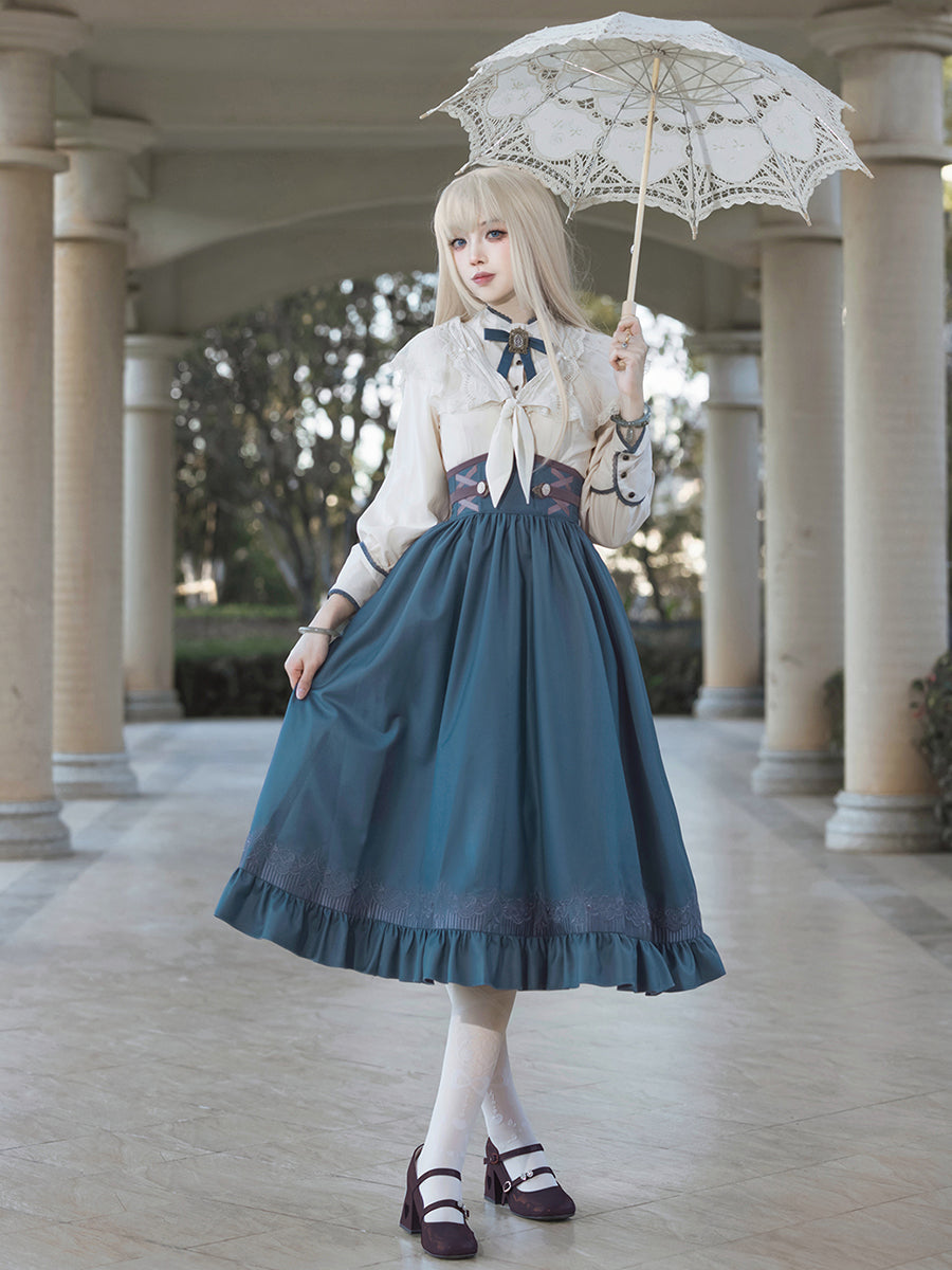 Classic Lolita Set Blue Skirt Cream Outfits Skirt OP Dress