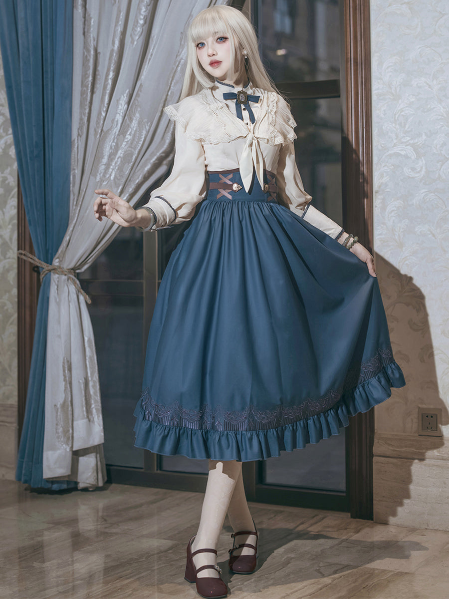 Classic Lolita Set Blue Skirt Cream Outfits Skirt OP Dress