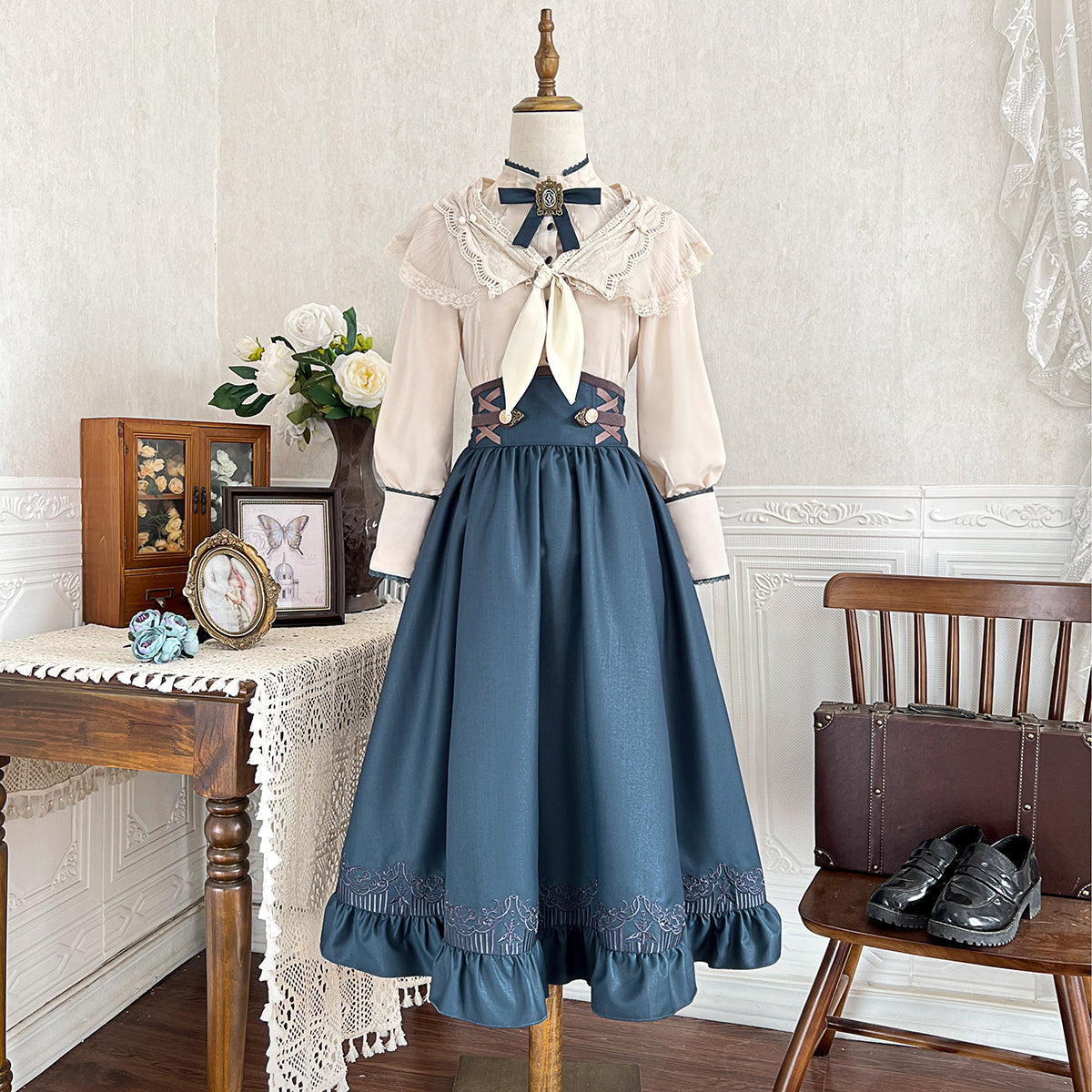 Classic Lolita Set Blue Skirt Cream Outfits Skirt OP Dress