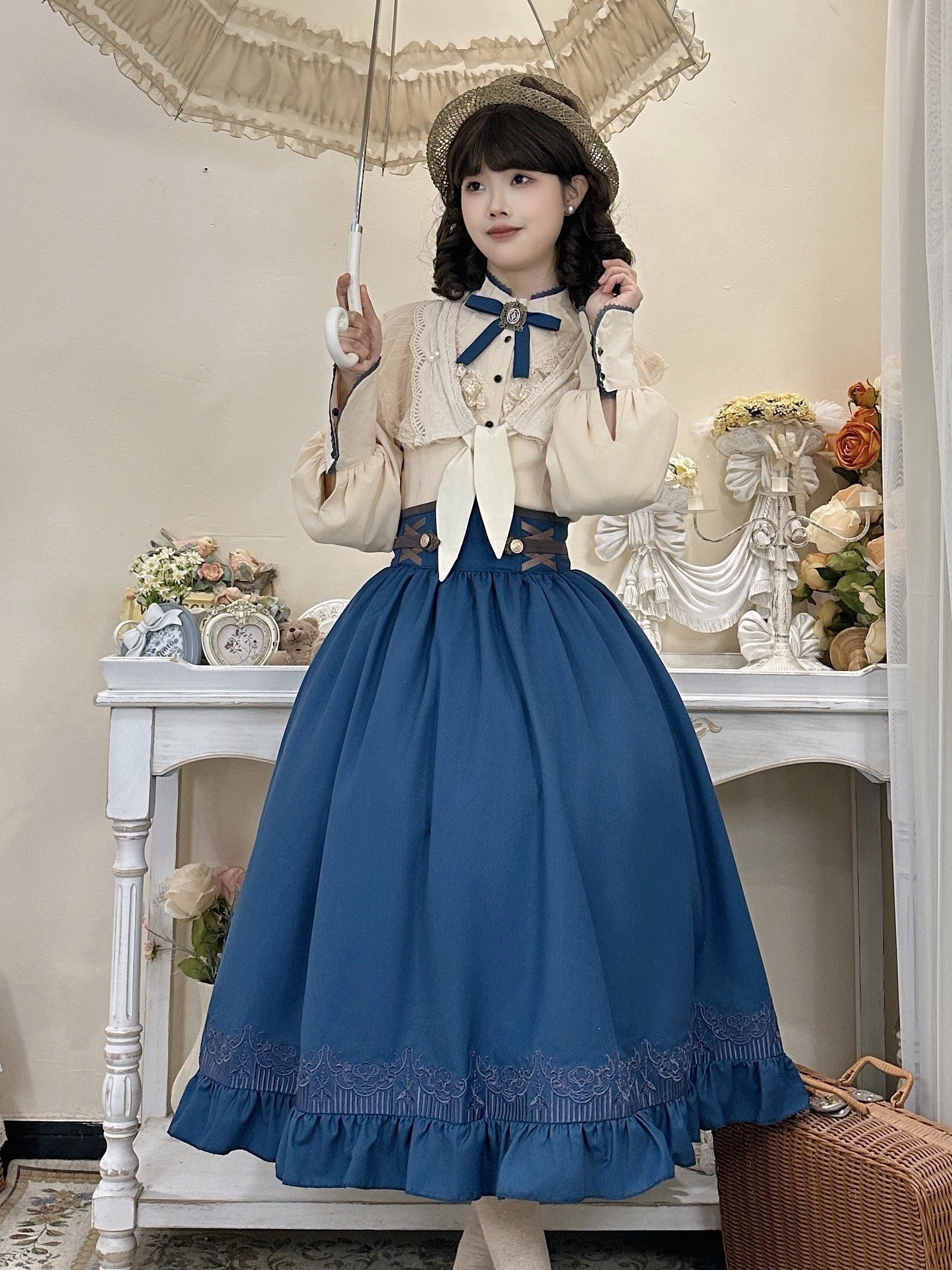 Classic Lolita Set Blue Skirt Cream Outfits Skirt OP Dress