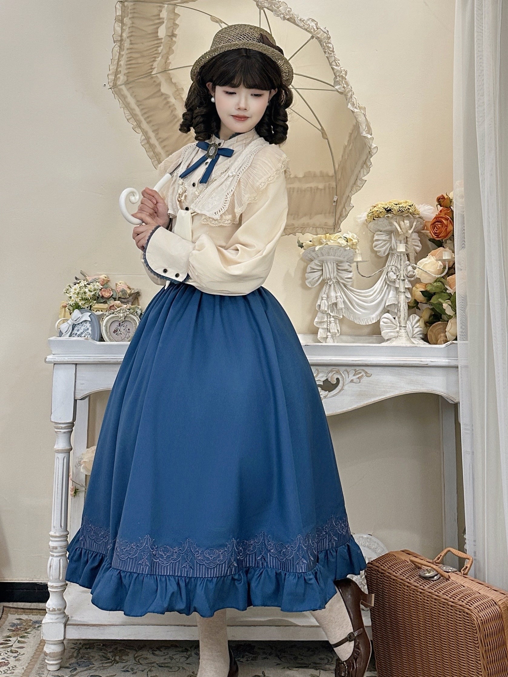 Classic Lolita Set Blue Skirt Cream Outfits Skirt OP Dress
