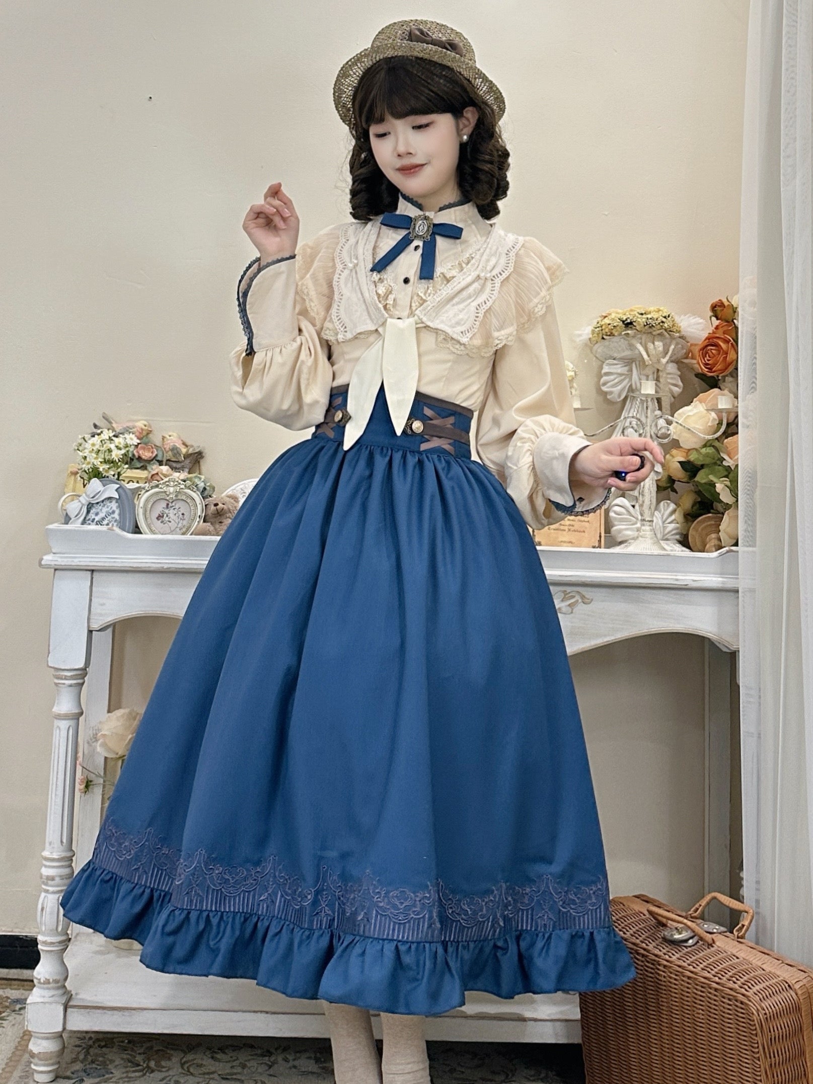 Classic Lolita Set Blue Skirt Cream Outfits Skirt OP Dress