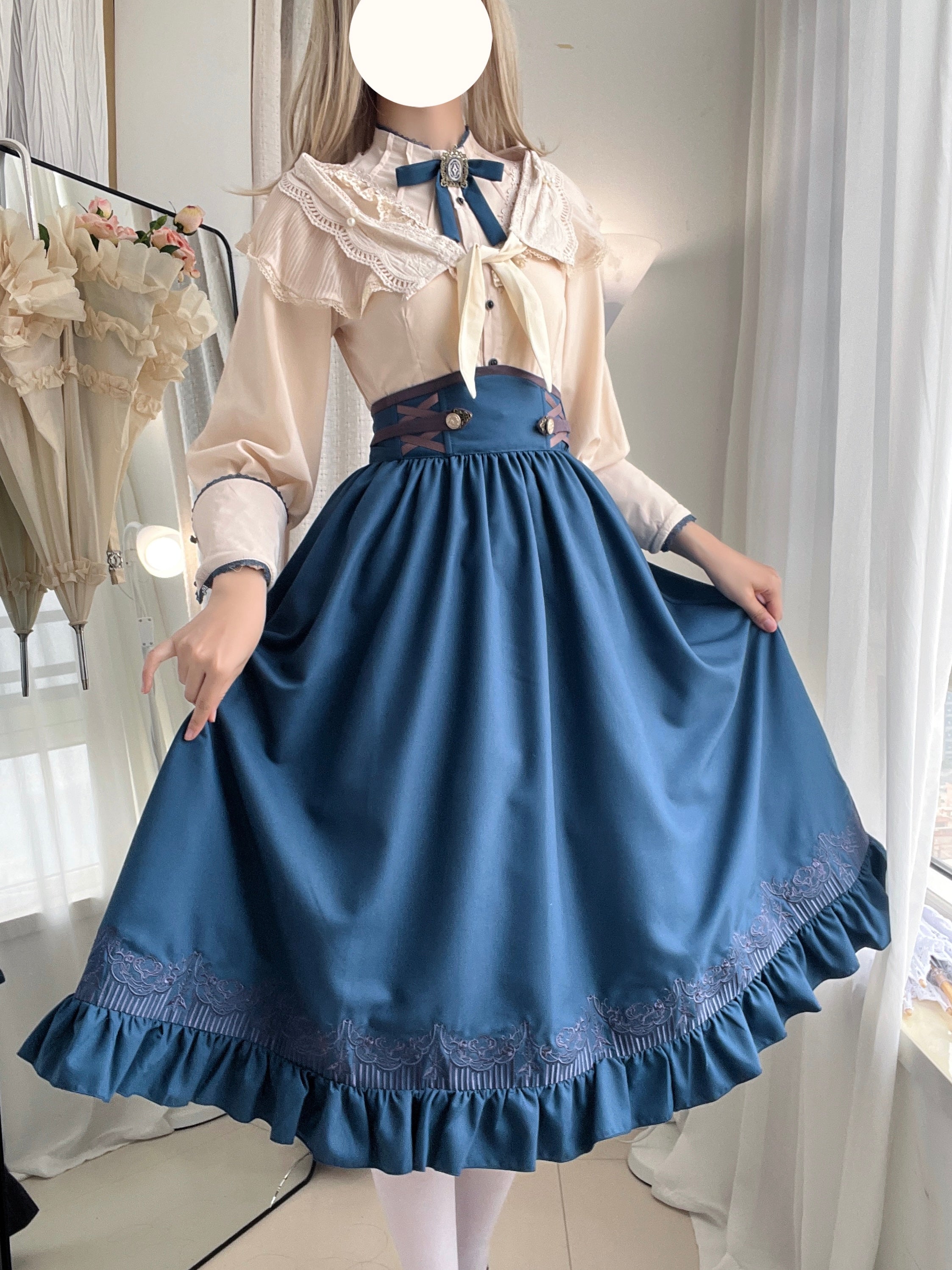 Classic Lolita Set Blue Skirt Cream Outfits Skirt OP Dress