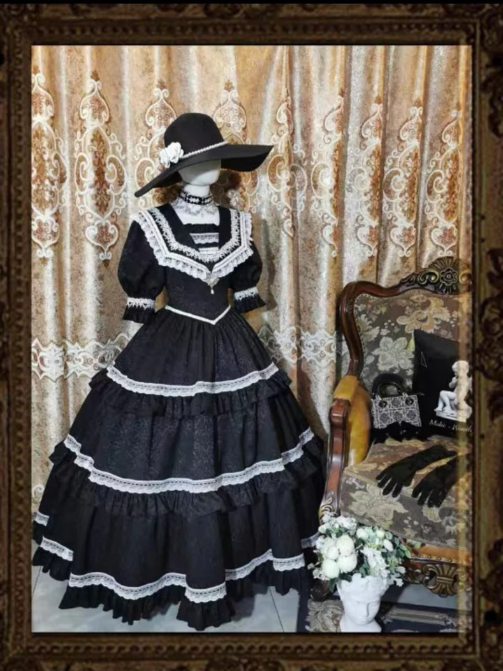 Classic Vintage Lolita Victorian Lolita Elegant Ruffled Lolita Dress Navy Collar Short Sleeves Maxi Dress OP