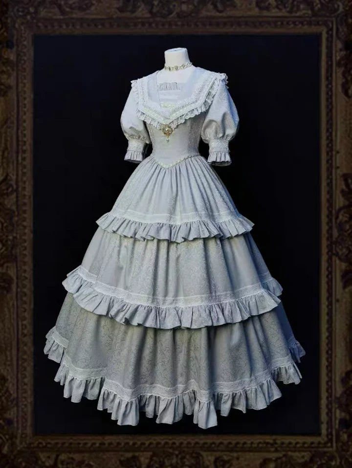 Classic Vintage Lolita Victorian Lolita Elegant Ruffled Lolita Dress Navy Collar Short Sleeves Maxi Dress OP