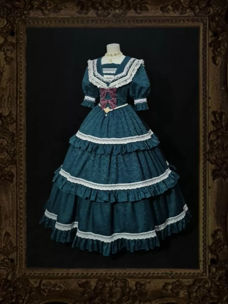 Classic Vintage Lolita Victorian Lolita Elegant Ruffled Lolita Dress Navy Collar Short Sleeves Maxi Dress OP