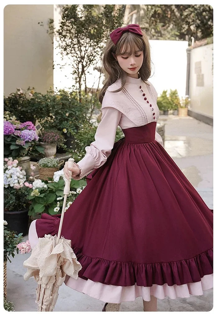 Classic and Eelegant Purple-red Cotton Long Dress with Sweet Bow Lolita Long Sleeved Dress in Autumn