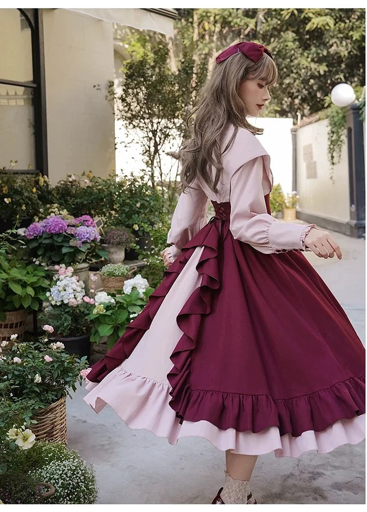 Classic and Eelegant Purple-red Cotton Long Dress with Sweet Bow Lolita Long Sleeved Dress in Autumn