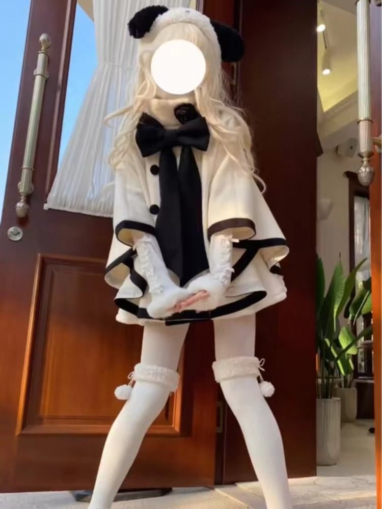 Cloak Coat Lolita Versatile Wool Jacket Autumn and Winter Elegant Black and White Camellia