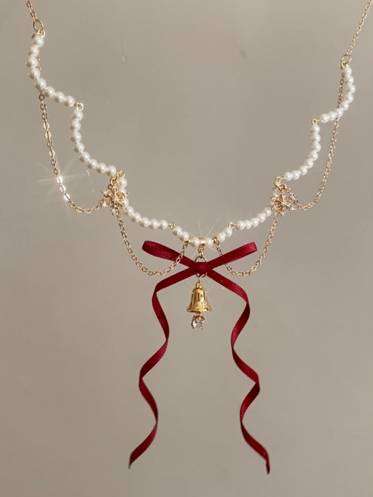 Creamberry Christmas Bow Ribbon Bell Pearl Necklace Dream Sweet