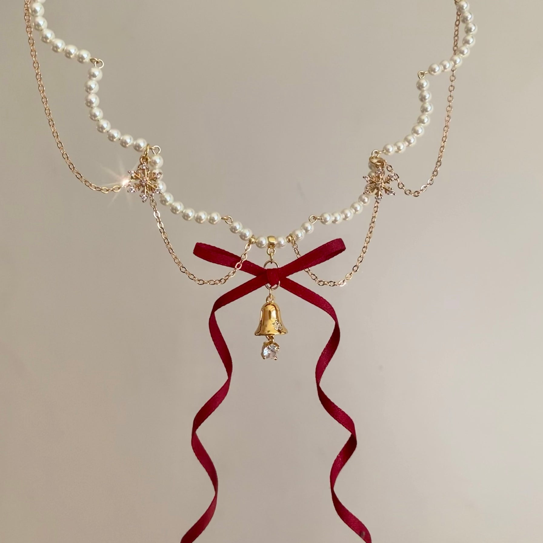 Creamberry Christmas Bow Ribbon Bell Pearl Necklace Dream Sweet