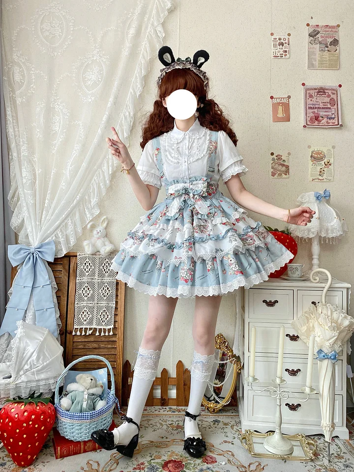 Sweet Lolita Blue Pink Cute Bunny Strap Printed Cake Dress Bow Lace Skirt