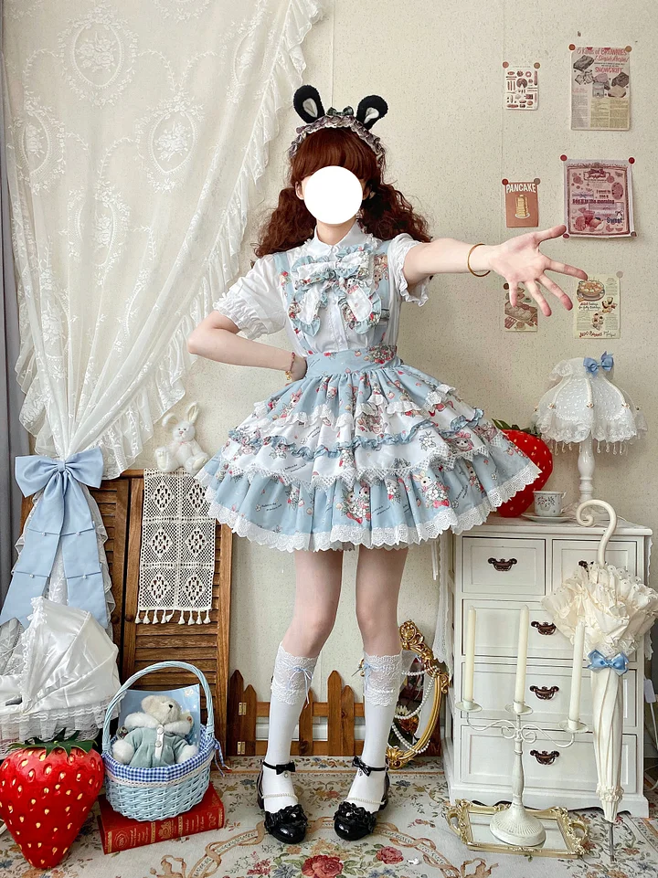 Sweet Lolita Blue Pink Cute Bunny Strap Printed Cake Dress Bow Lace Skirt