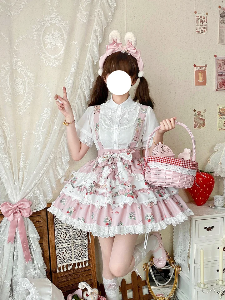 Sweet Lolita Blue Pink Cute Bunny Strap Printed Cake Dress Bow Lace Skirt