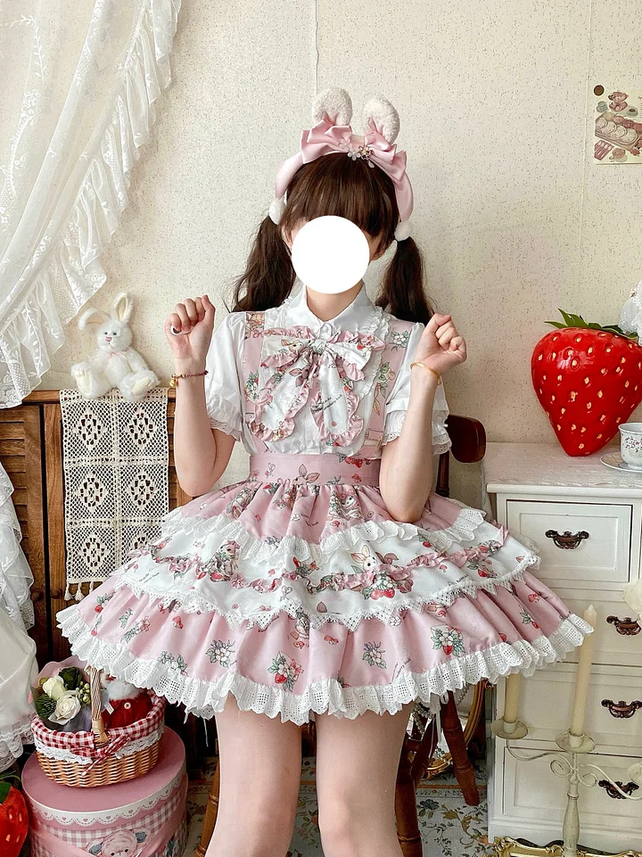 Sweet Lolita Blue Pink Cute Bunny Strap Printed Cake Dress Bow Lace Skirt