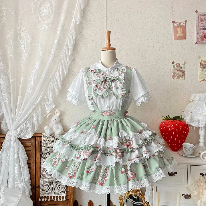 Sweet Lolita Blue Pink Cute Bunny Strap Printed Cake Dress Bow Lace Skirt