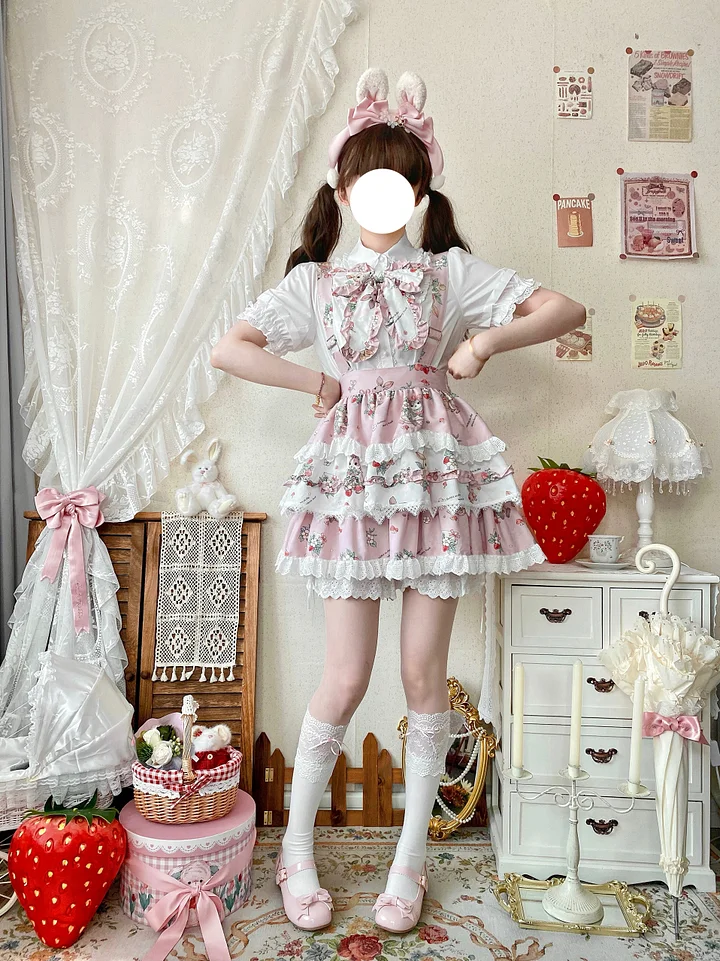 Sweet Lolita Blue Pink Cute Bunny Strap Printed Cake Dress Bow Lace Skirt
