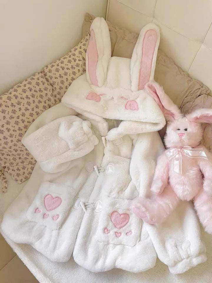 Cute Bunny's Ears Hooded Coat Winter Lolita Brushed Coat for Women