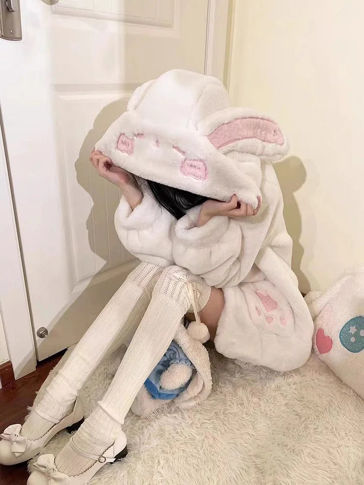 Cute Bunny's Ears Hooded Coat Winter Lolita Brushed Coat for Women