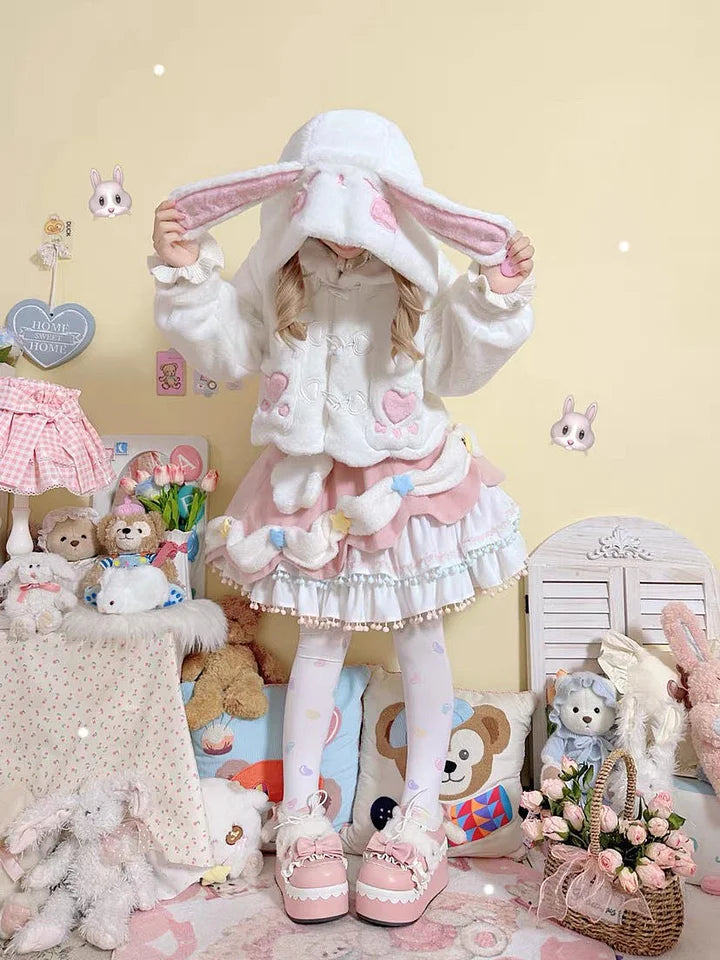 Cute Bunny's Ears Hooded Coat Winter Lolita Brushed Coat for Women