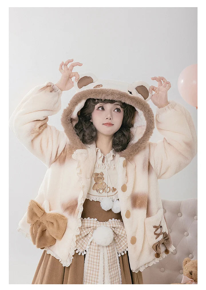 Cute Plush Hooded Jacket Bear Ear Print Plush Jacket Warm Lolita Winter Lolita Coats